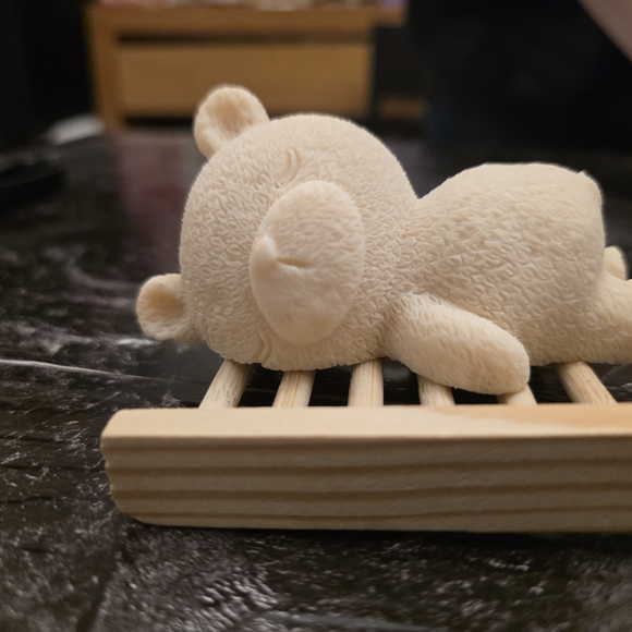 Cream Plush Bear Soap on Wooden Soap Dish - Picture 2 of 7